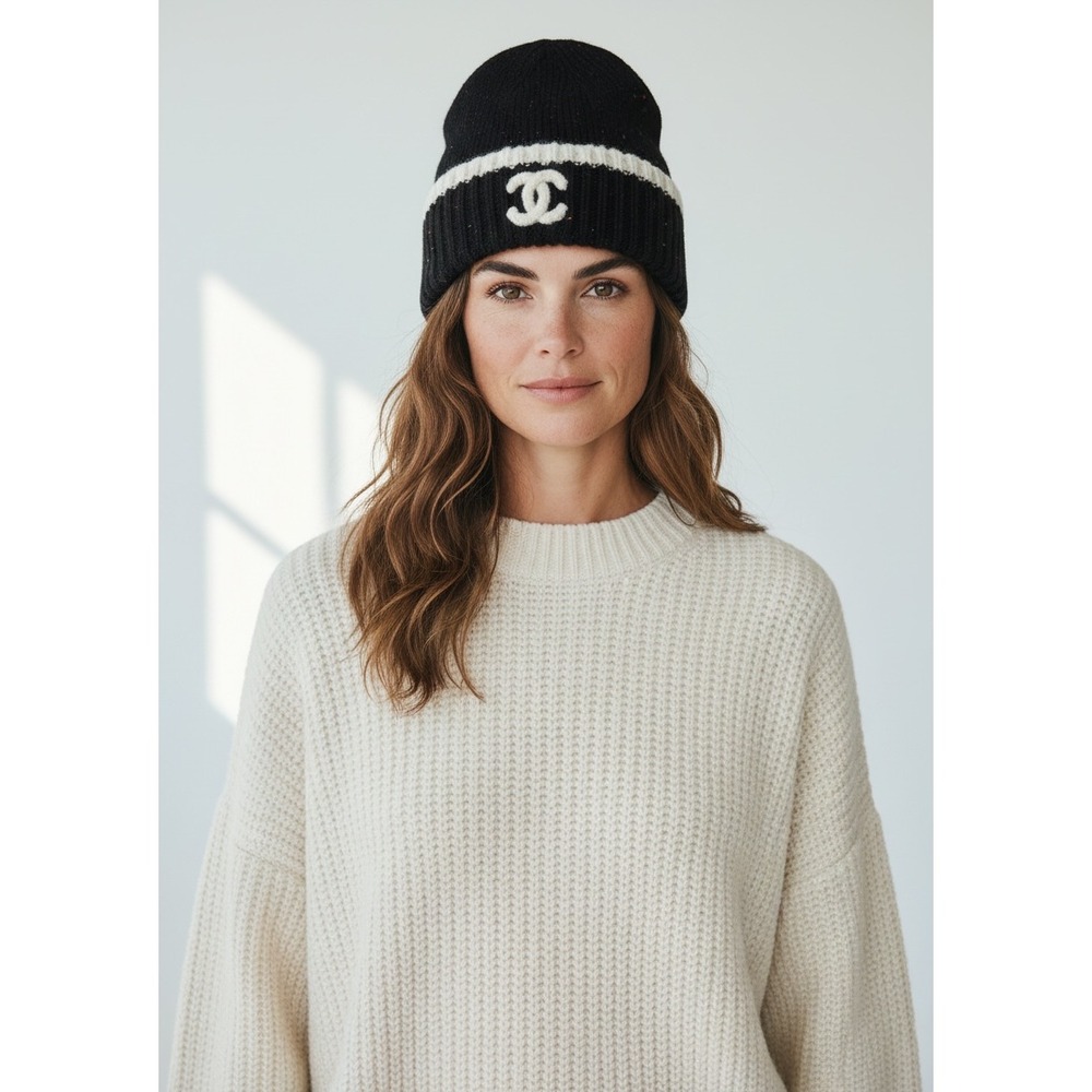 Chanel 2022 Cashmere Silk CC Logo Black Ecru Speckled Beanie Hat